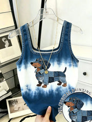 Resyla Women's Denim Effect Dog Print Tank Top