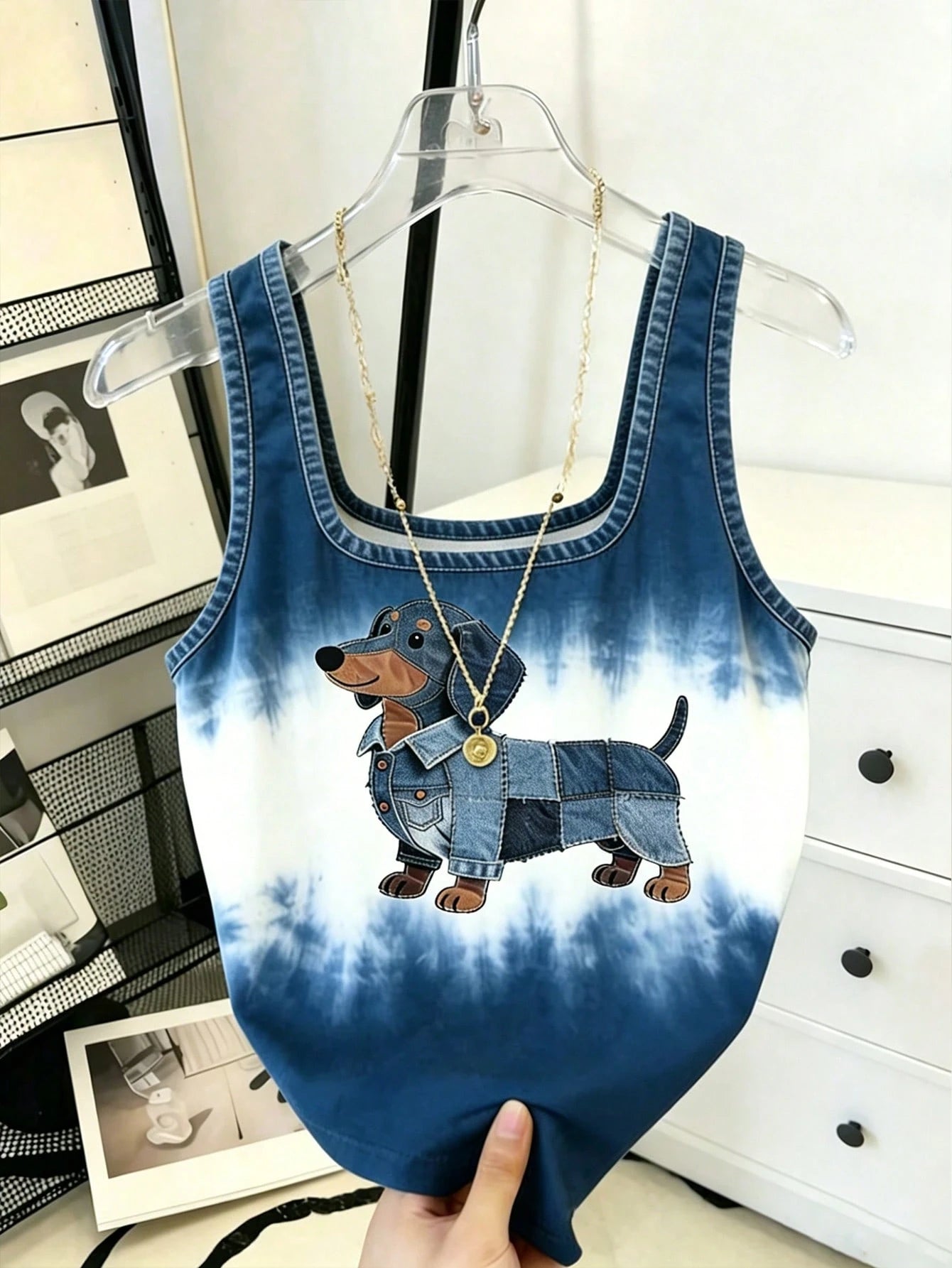 Resyla Women's Denim Effect Dog Print Tank Top