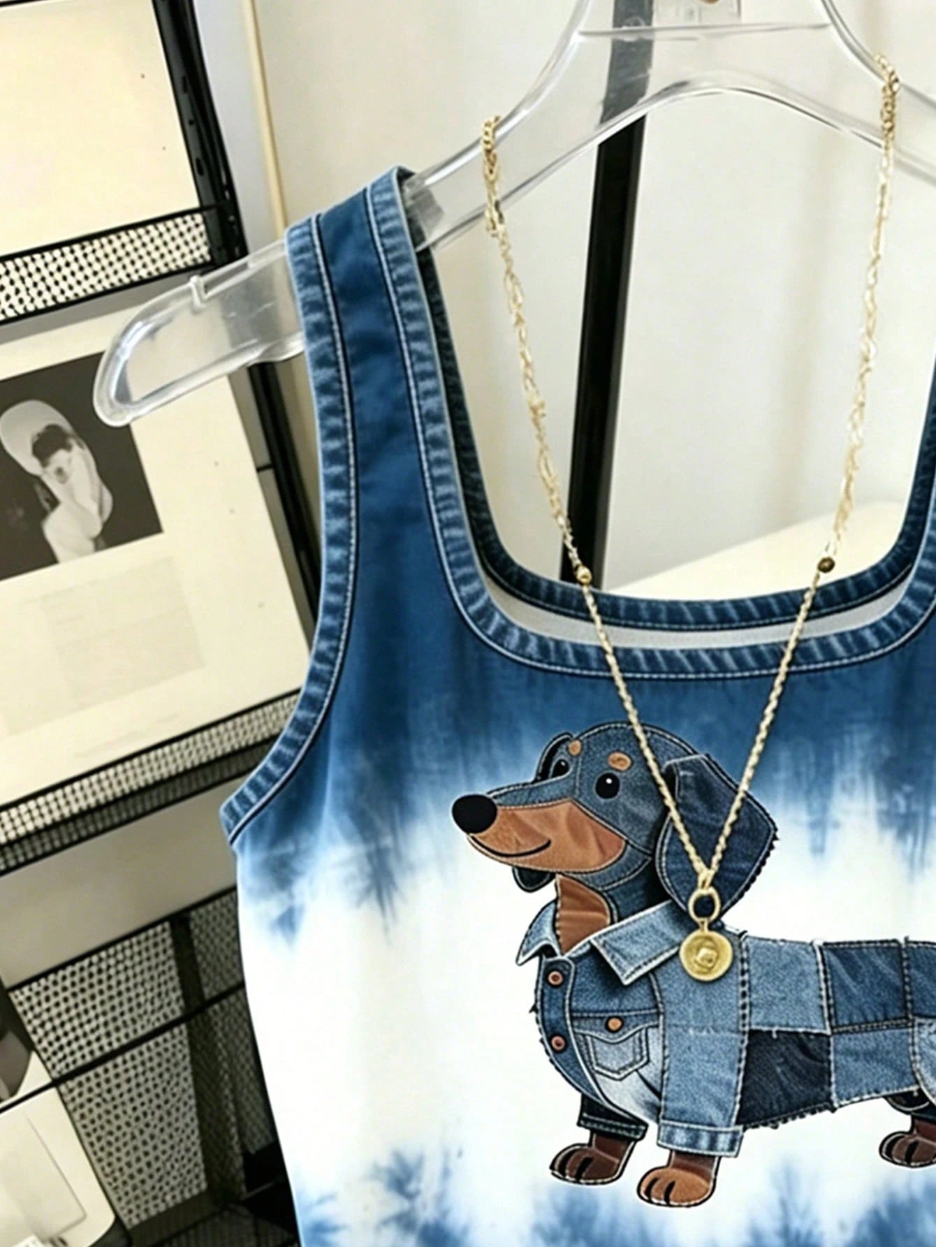 Resyla Women's Denim Effect Dog Print Tank Top