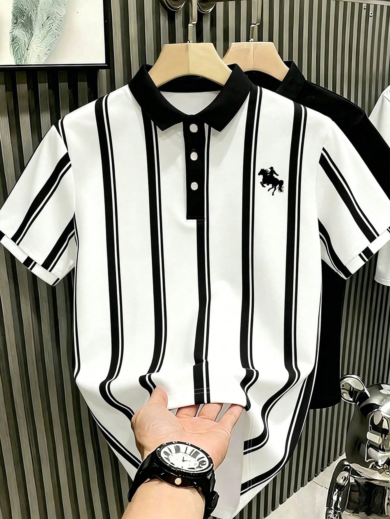 Men's Horse Graphic Striped Short Sleeve Casual Polo Shirt