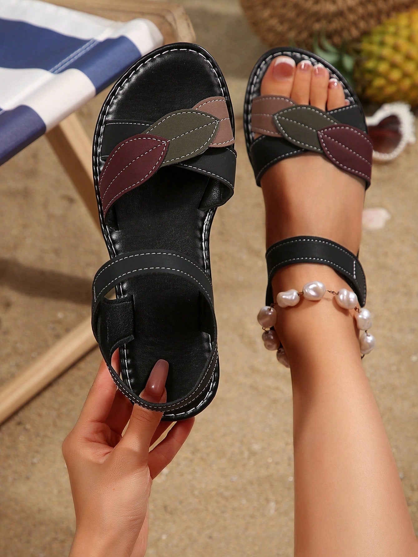 Women's Colorblock Leaf Patchwork Flat Slide Sandals