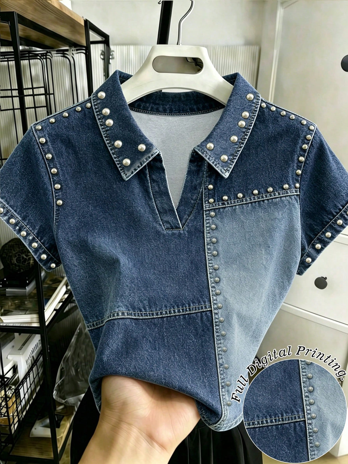 Women's Retro Faux Denim Beaded Polo Collar Short-Sleeve T-Shirt
