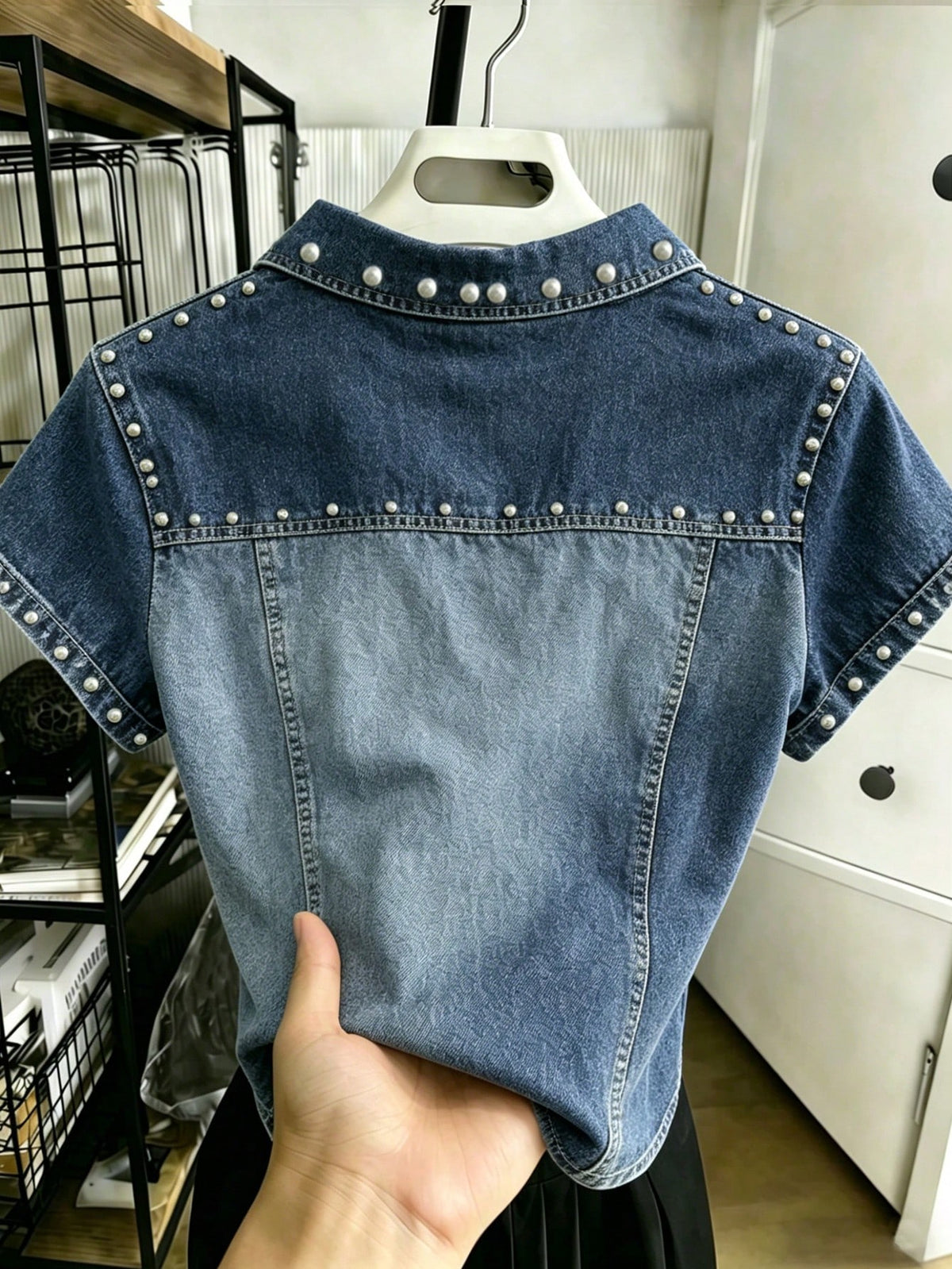 Women's Retro Faux Denim Beaded Polo Collar Short-Sleeve T-Shirt