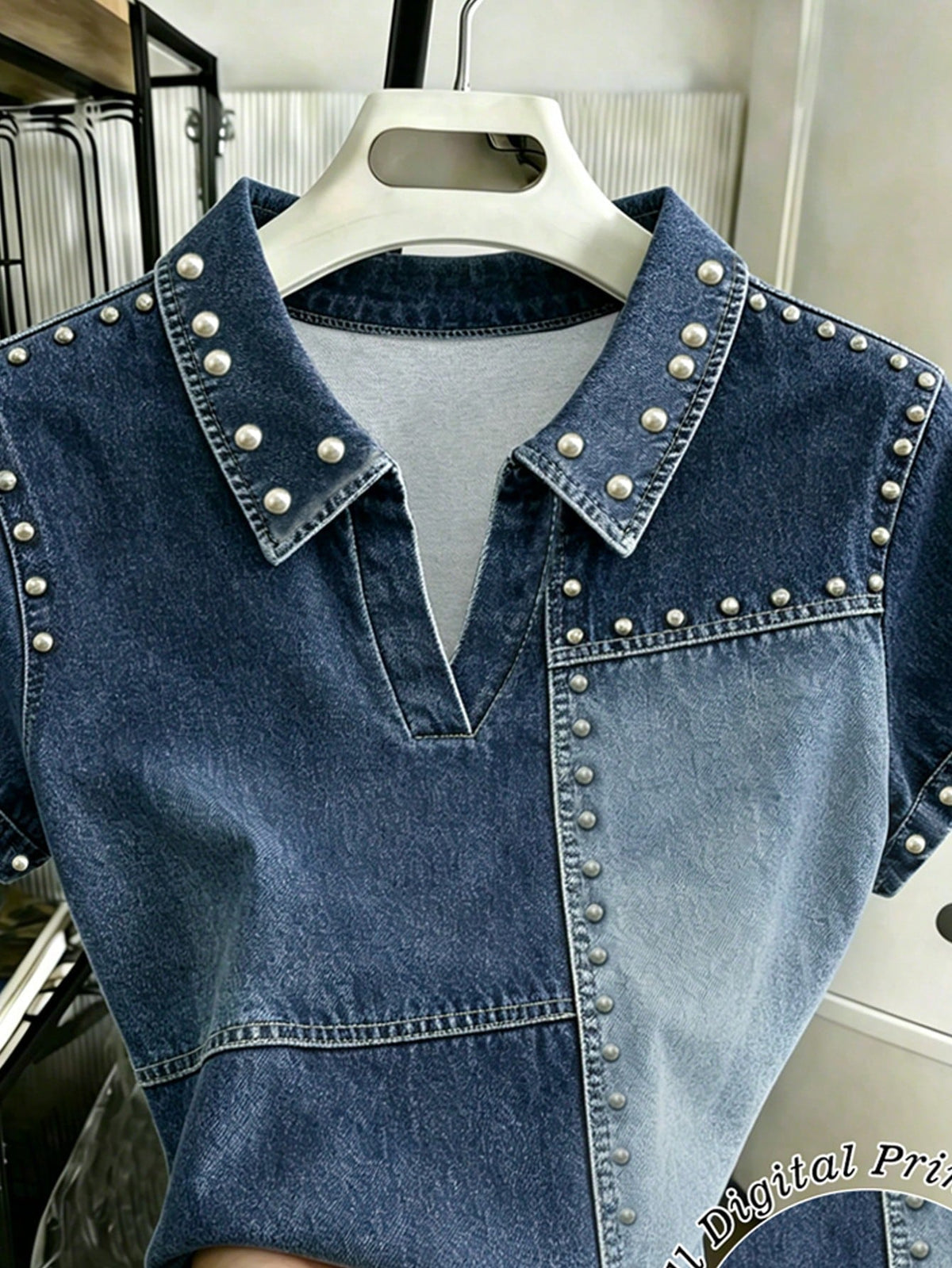 Women's Retro Faux Denim Beaded Polo Collar Short-Sleeve T-Shirt