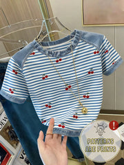 Women's Cherry Striped Short Sleeve Crew Neck Crop Top