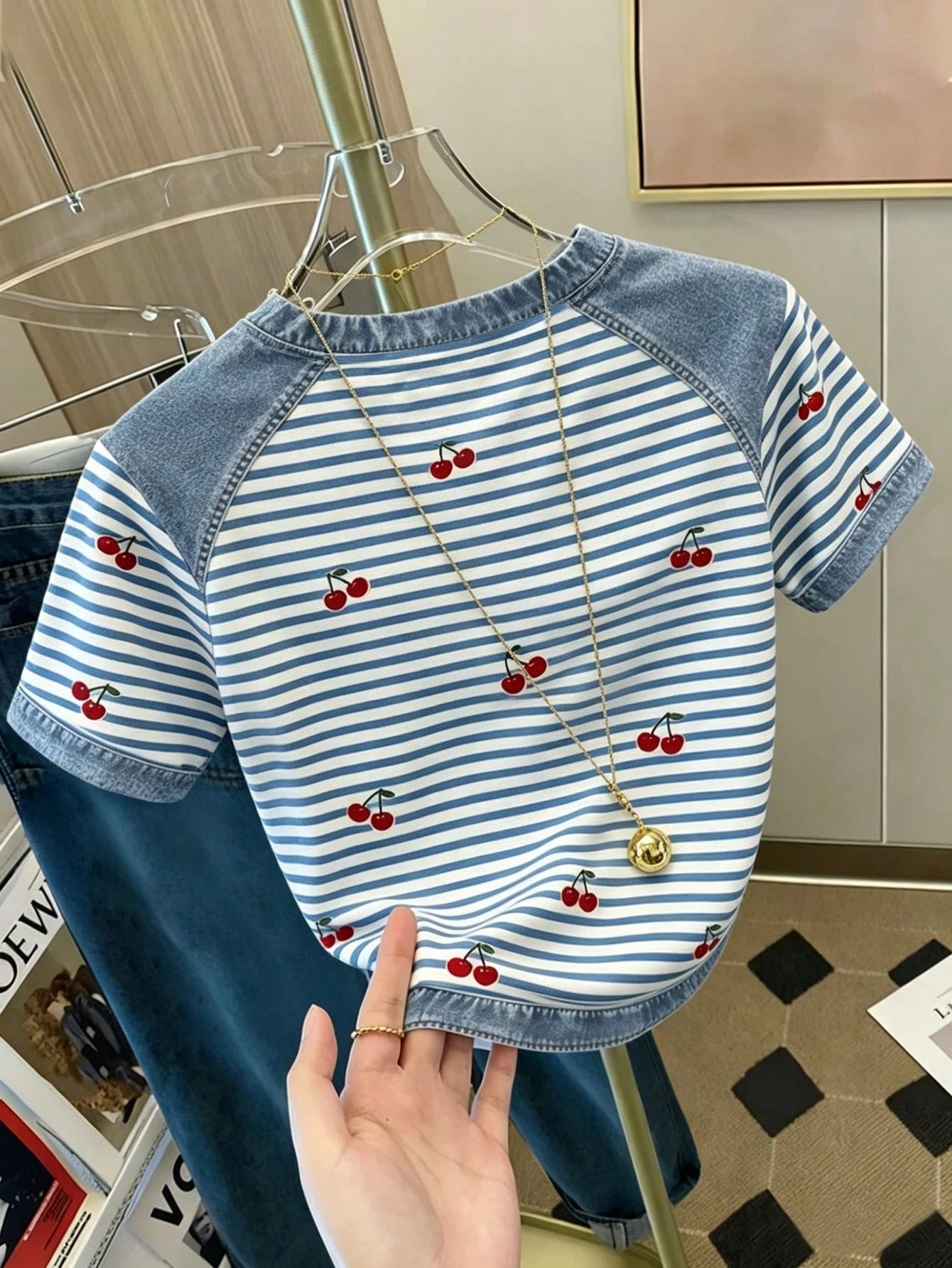 Women's Cherry Striped Short Sleeve Crew Neck Crop Top