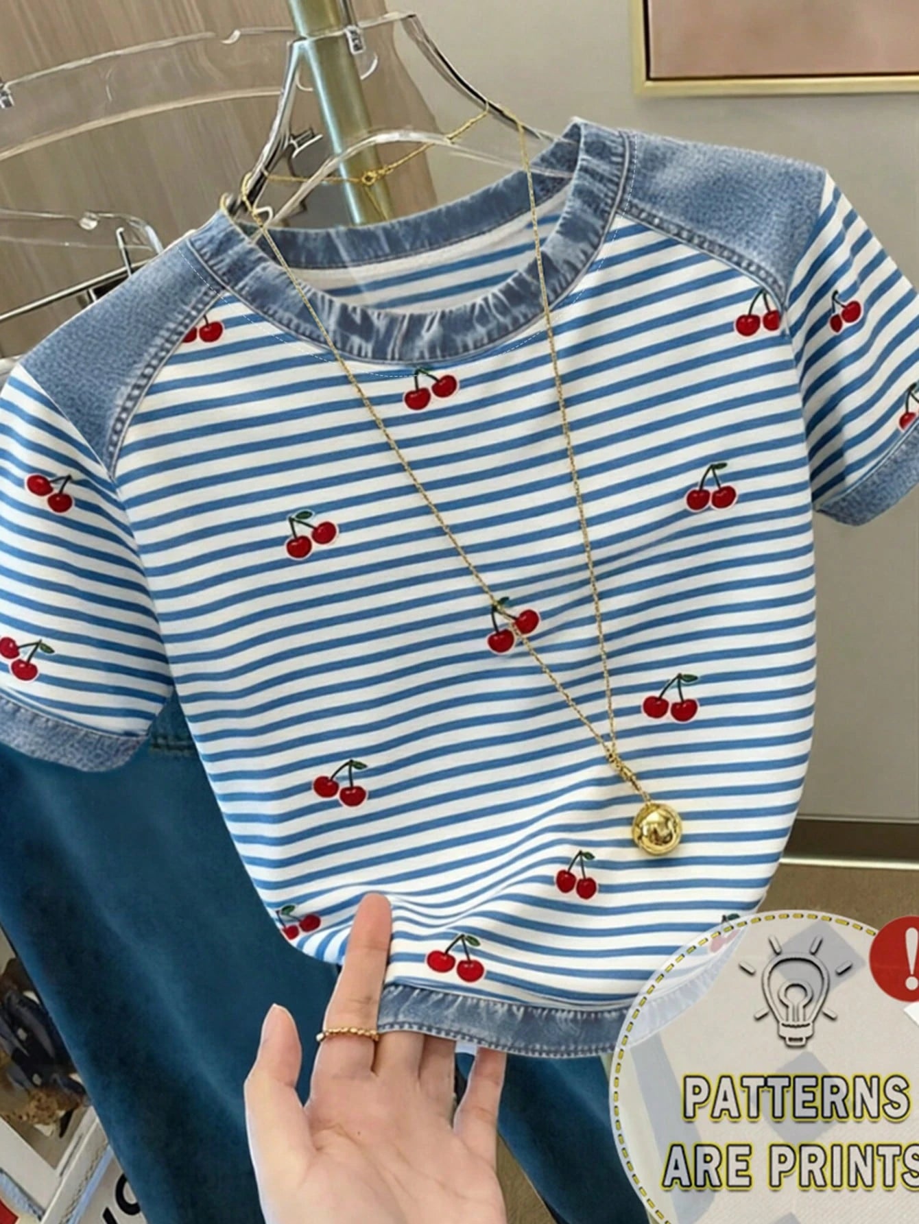 Women's Cherry Striped Short Sleeve Crew Neck Crop Top