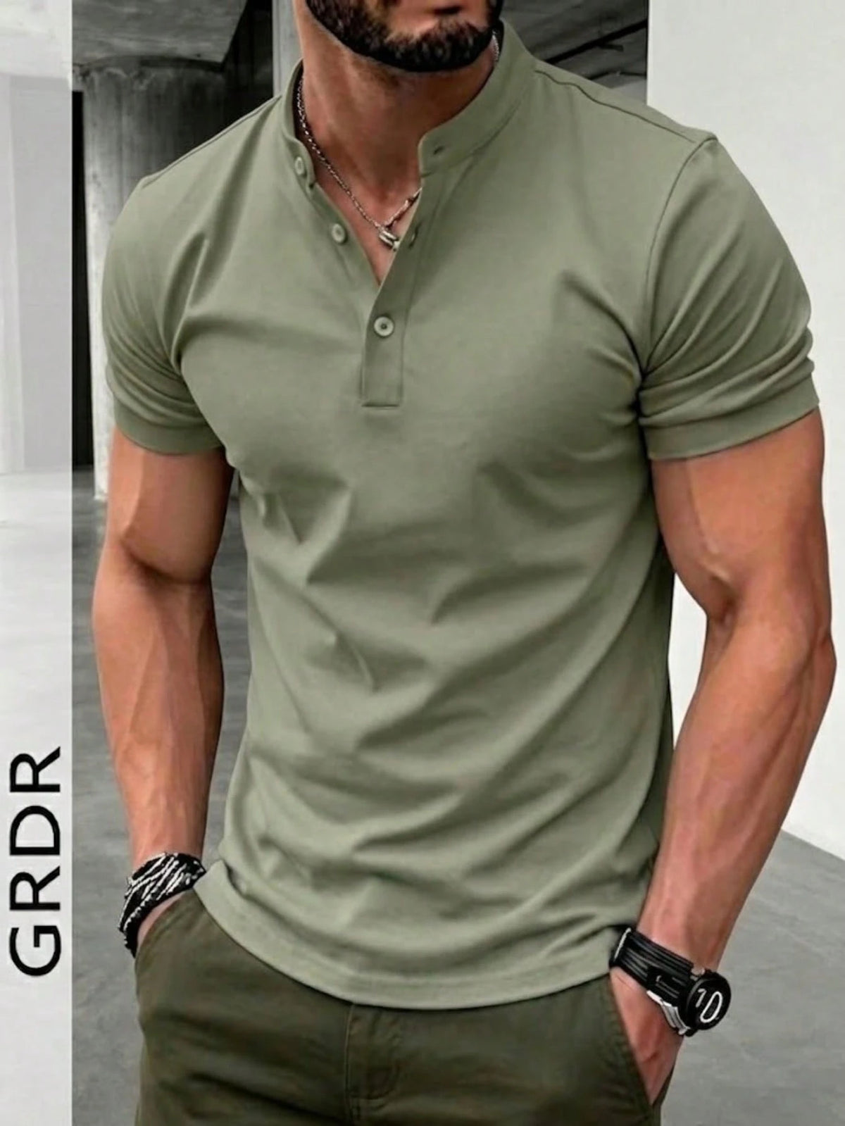Men's Classic Solid Color Henley Collar Short Sleeve T-Shirt Olive Green