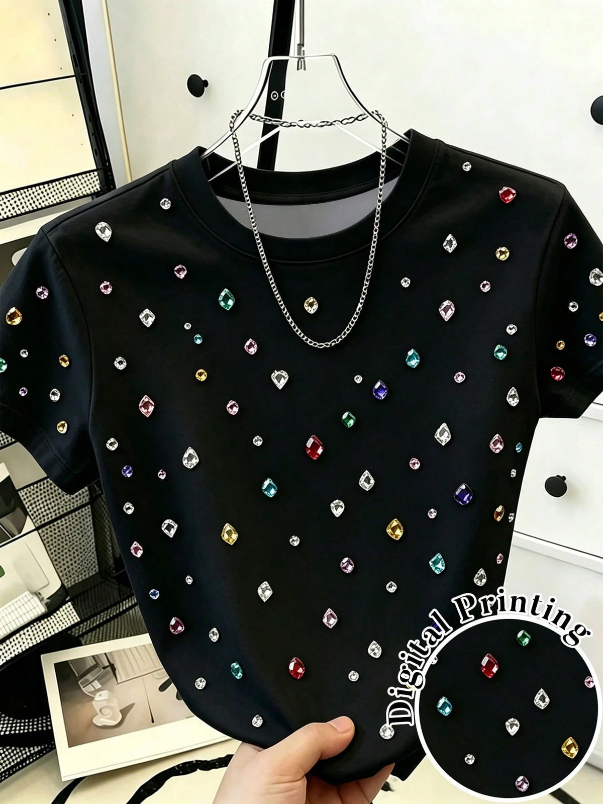 Women's Black Rhinestone Round Neck Short Sleeve T-Shirt