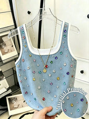 Resyla Asymmetrical Print Tank Top Women's Contrast Trim Denim Effect