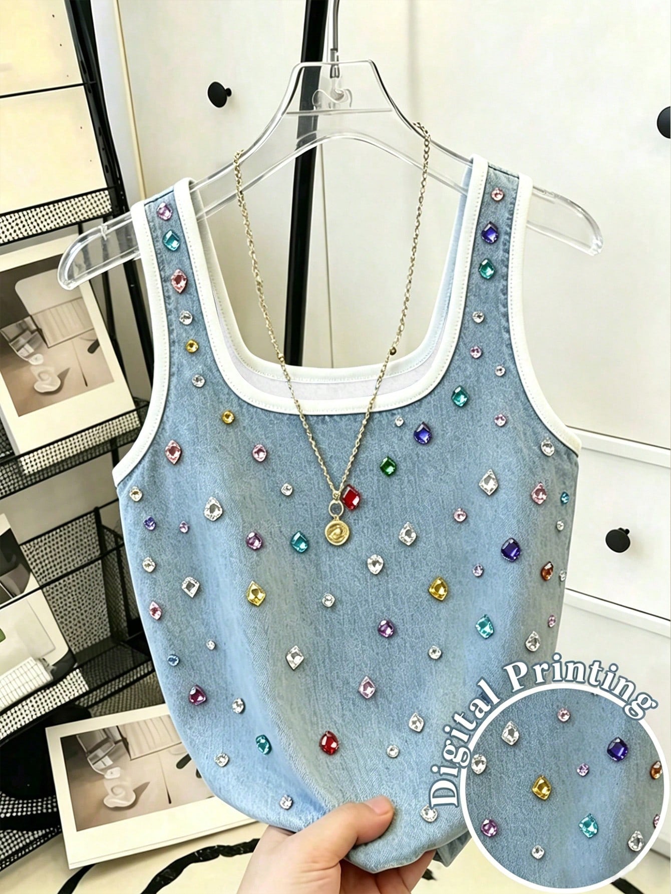 Resyla Asymmetrical Print Tank Top Women's Contrast Trim Denim Effect