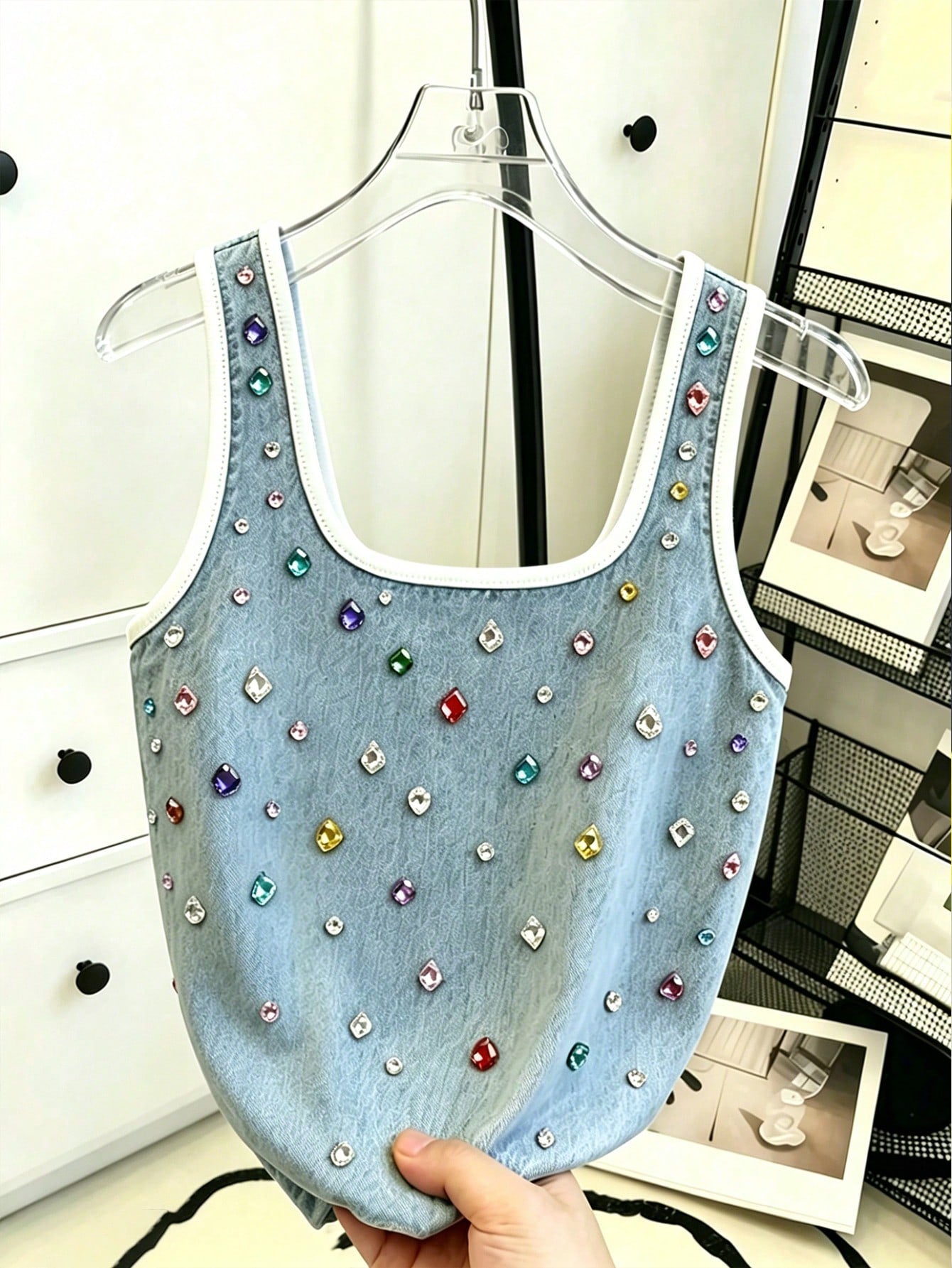 Resyla Asymmetrical Print Tank Top Women's Contrast Trim Denim Effect