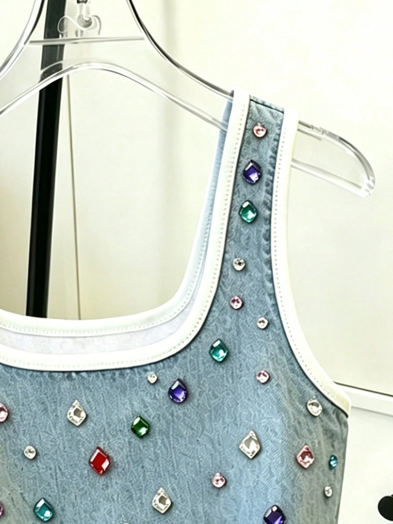 Resyla Asymmetrical Print Tank Top Women's Contrast Trim Denim Effect
