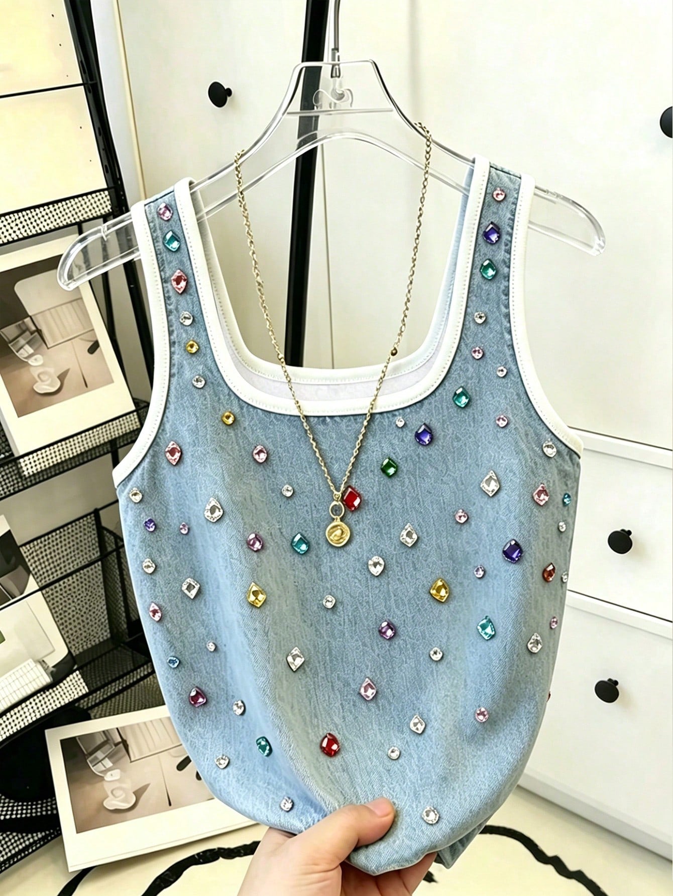 Resyla Asymmetrical Print Tank Top Women's Contrast Trim Denim Effect