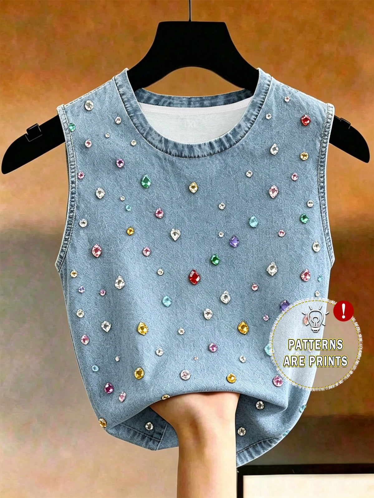 Women's Plus Size Denim Effect Rhinestone Print Tank Top