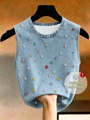 Women's Plus Size Denim Effect Rhinestone Print Tank Top