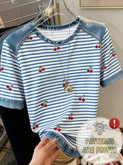 Resyla Women's Denim Effect Patchwork T-Shirt Striped Cherry Print
