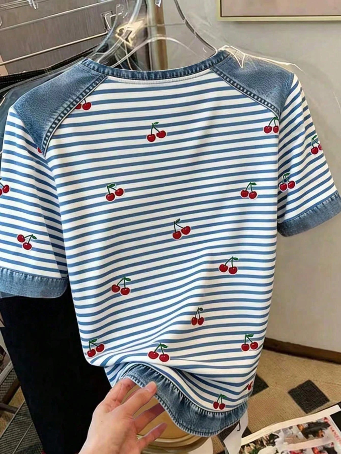 Resyla Women's Denim Effect Patchwork T-Shirt Striped Cherry Print
