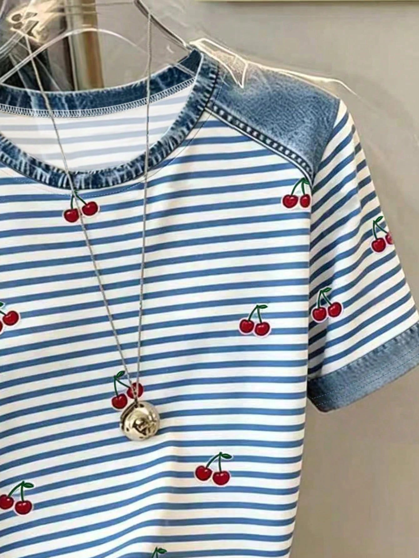 Resyla Women's Denim Effect Patchwork T-Shirt Striped Cherry Print