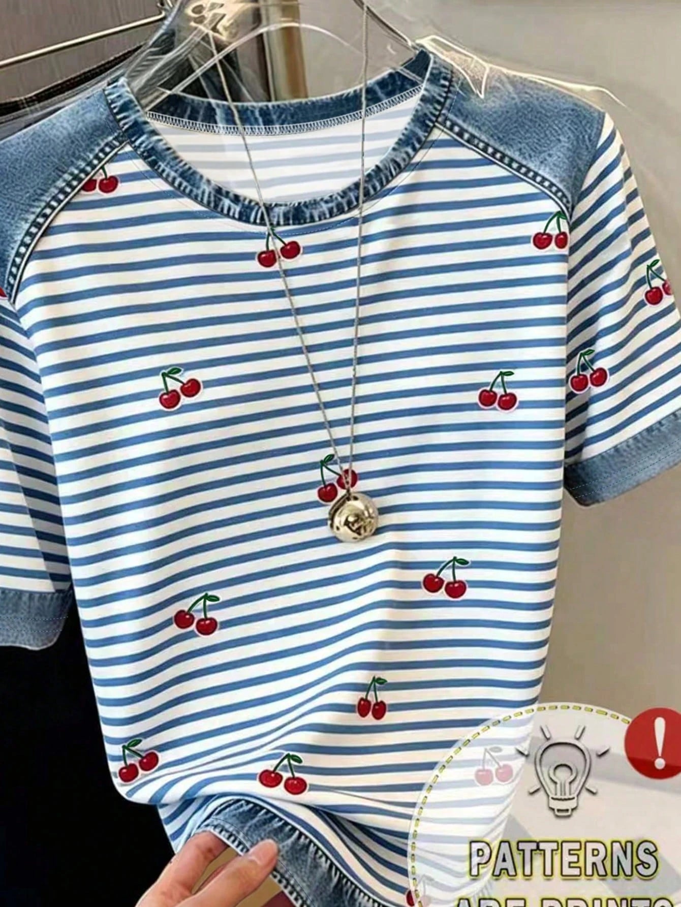 Resyla Women's Denim Effect Patchwork T-Shirt Striped Cherry Print