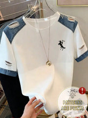 Women's Embroidered Denim Effect Round Neck Pullover T-Shirt