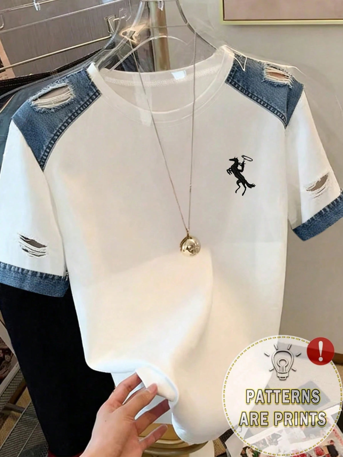 Women's Embroidered Denim Effect Round Neck Pullover T-Shirt