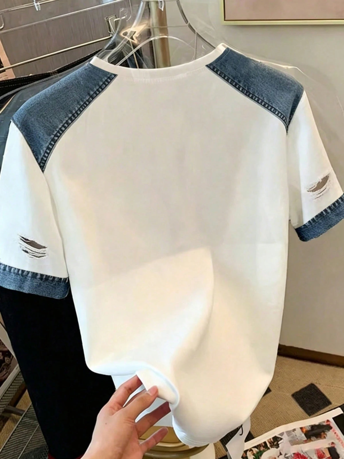 Women's Embroidered Denim Effect Round Neck Pullover T-Shirt