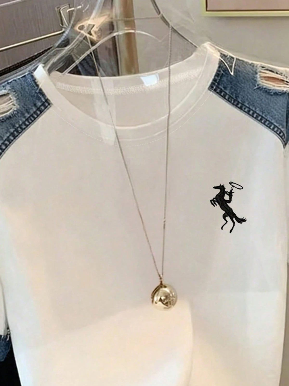 Women's Embroidered Denim Effect Round Neck Pullover T-Shirt