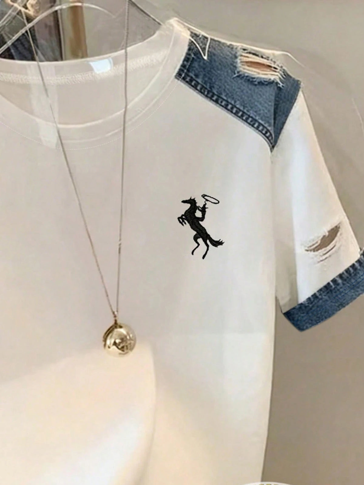 Women's Embroidered Denim Effect Round Neck Pullover T-Shirt
