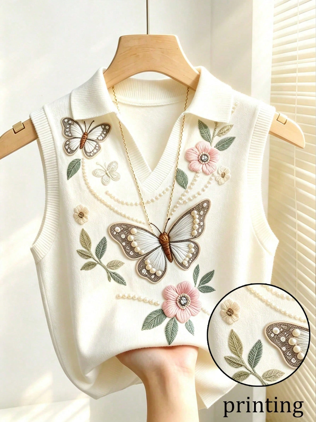 Women's Resort Butterfly Floral Printed Knit Collar Vest