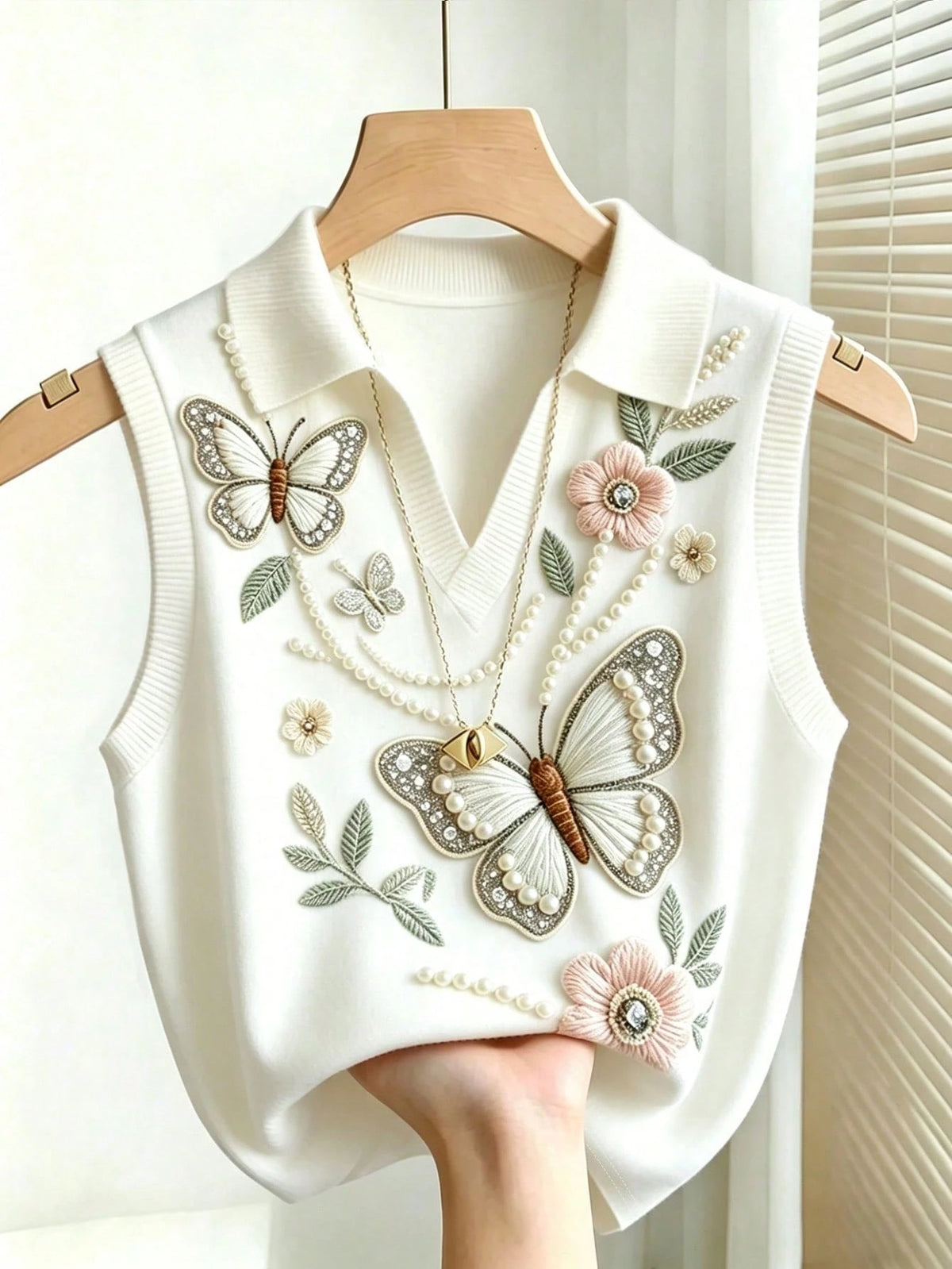 Women's Resort Butterfly Floral Printed Knit Collar Vest