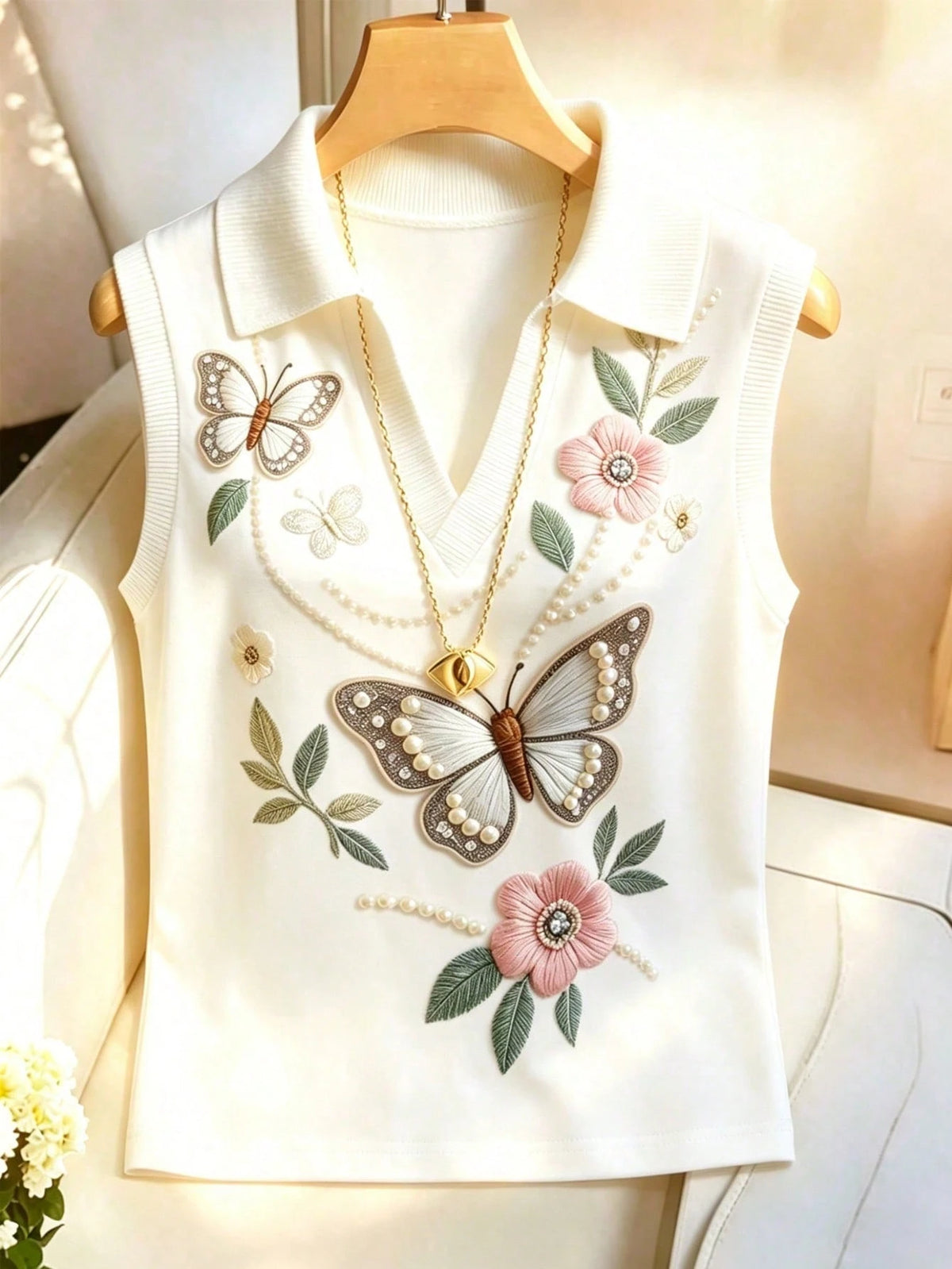 Women's Resort Butterfly Floral Printed Knit Collar Vest