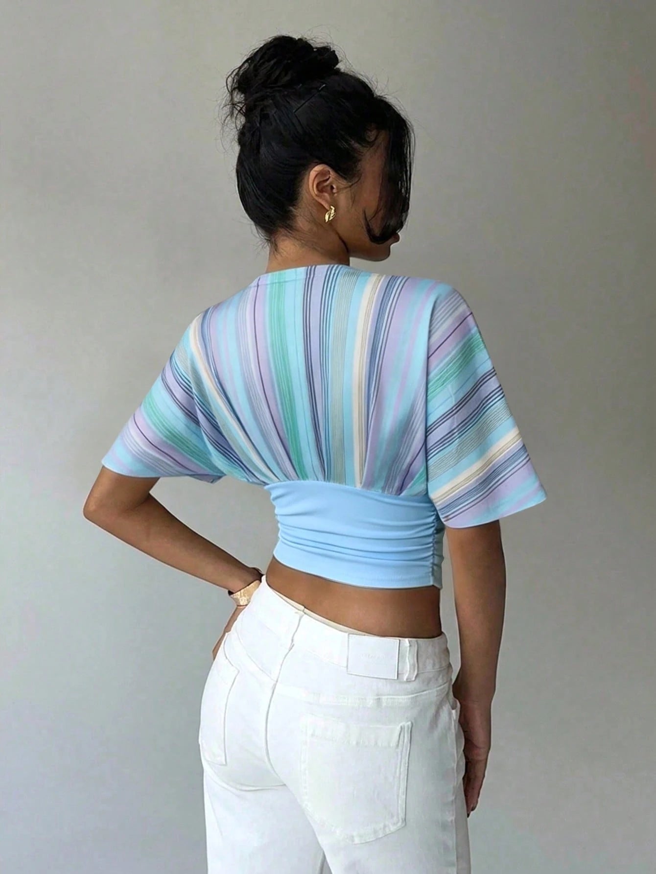 Women's Striped Patchwork Deep V Neck Batwing Sleeve Fitted T-Shirt
