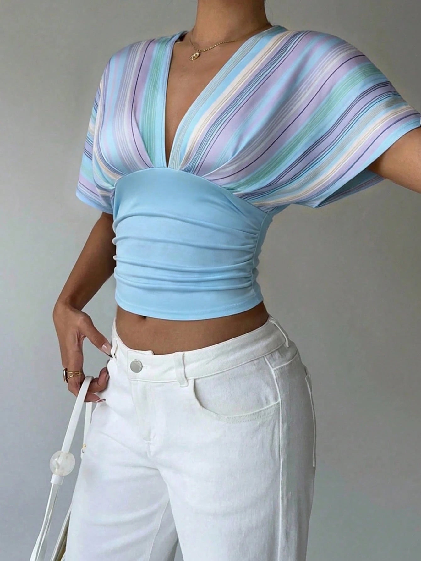 Women's Striped Patchwork Deep V Neck Batwing Sleeve Fitted T-Shirt
