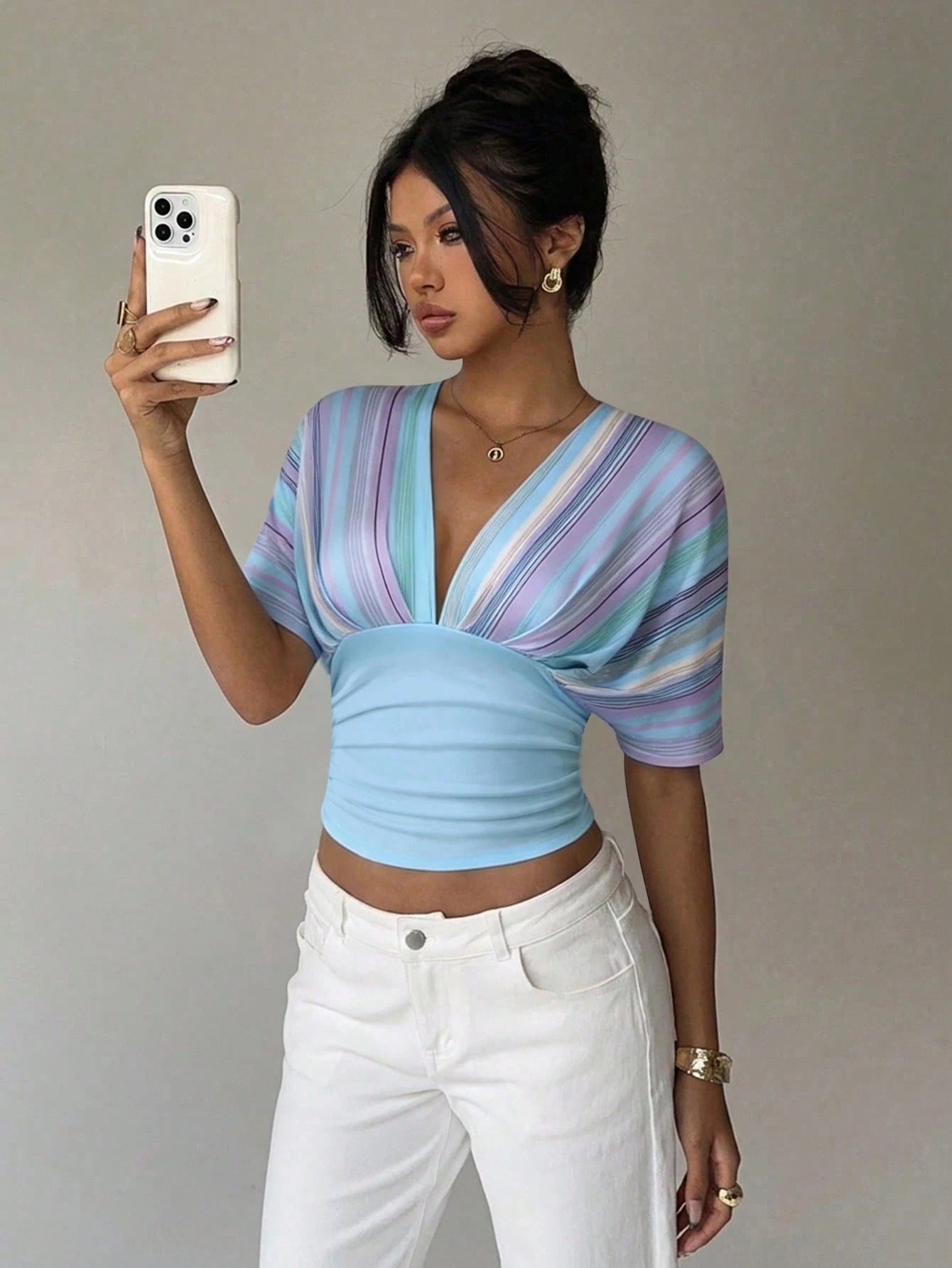 Women's Striped Patchwork Deep V Neck Batwing Sleeve Fitted T-Shirt