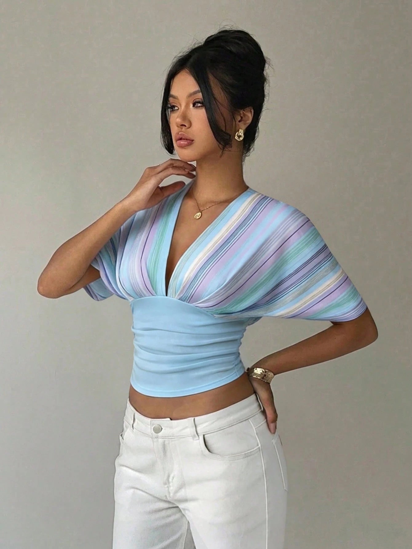 Women's Striped Patchwork Deep V Neck Batwing Sleeve Fitted T-Shirt