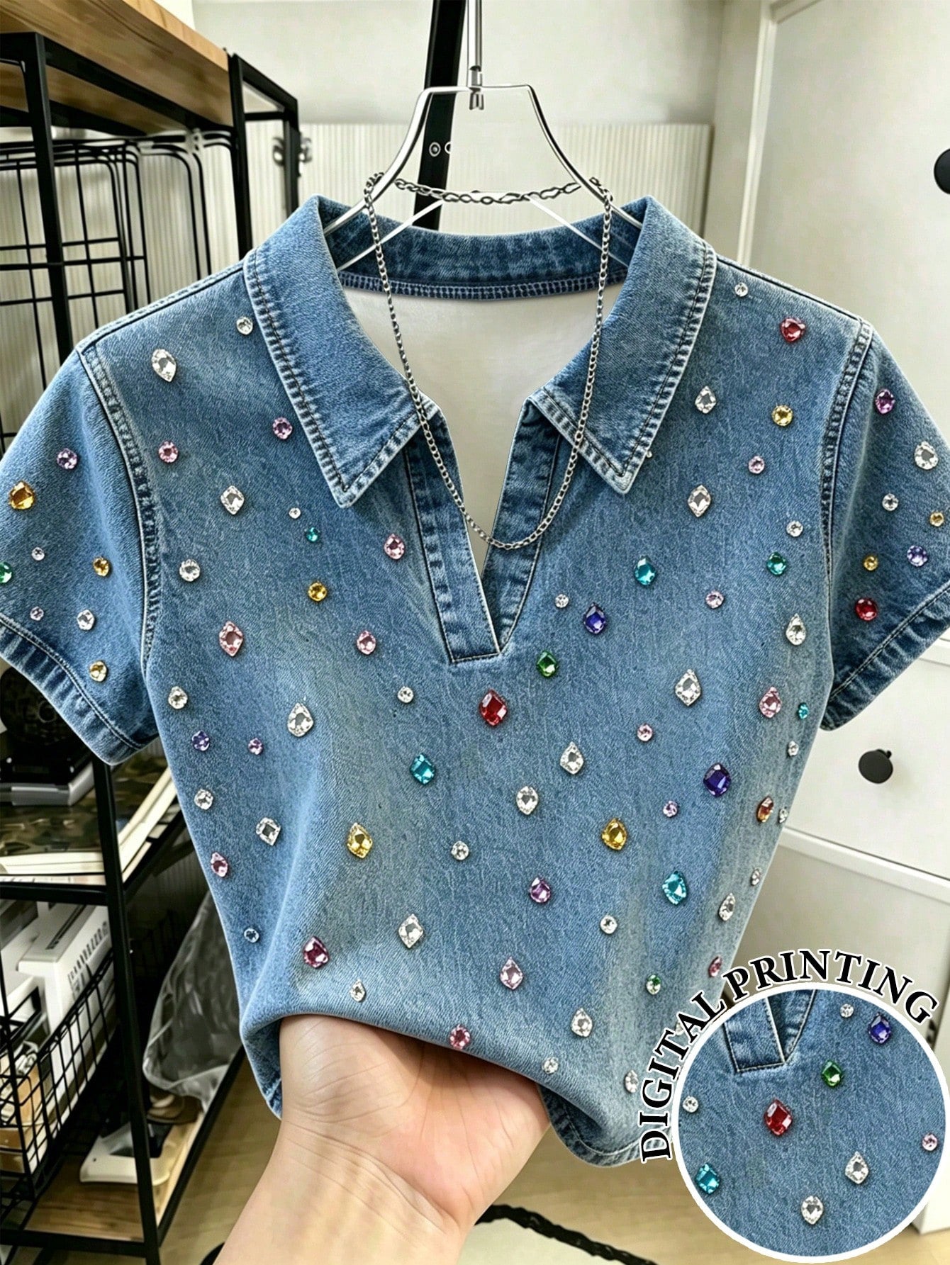 Women's Casual Retro Rainbow Rhinestone V-Neck Short Sleeve T-Shirt