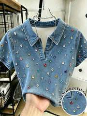 Women's Casual Retro Rainbow Rhinestone V-Neck Short Sleeve T-Shirt