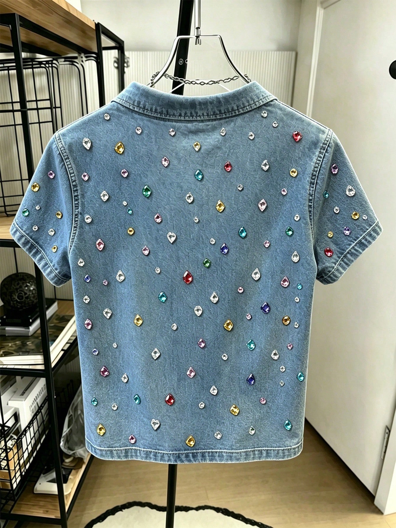 Women's Casual Retro Rainbow Rhinestone V-Neck Short Sleeve T-Shirt