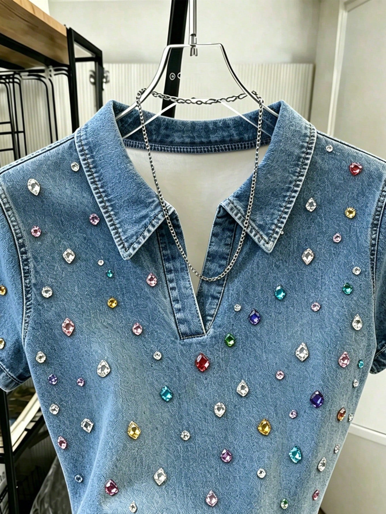 Women's Casual Retro Rainbow Rhinestone V-Neck Short Sleeve T-Shirt