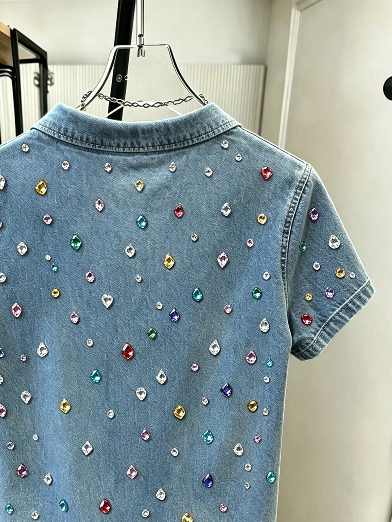 Women's Casual Retro Rainbow Rhinestone V-Neck Short Sleeve T-Shirt