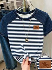Women's Casual Colorblock Striped Crewneck Short Sleeve T-Shirt