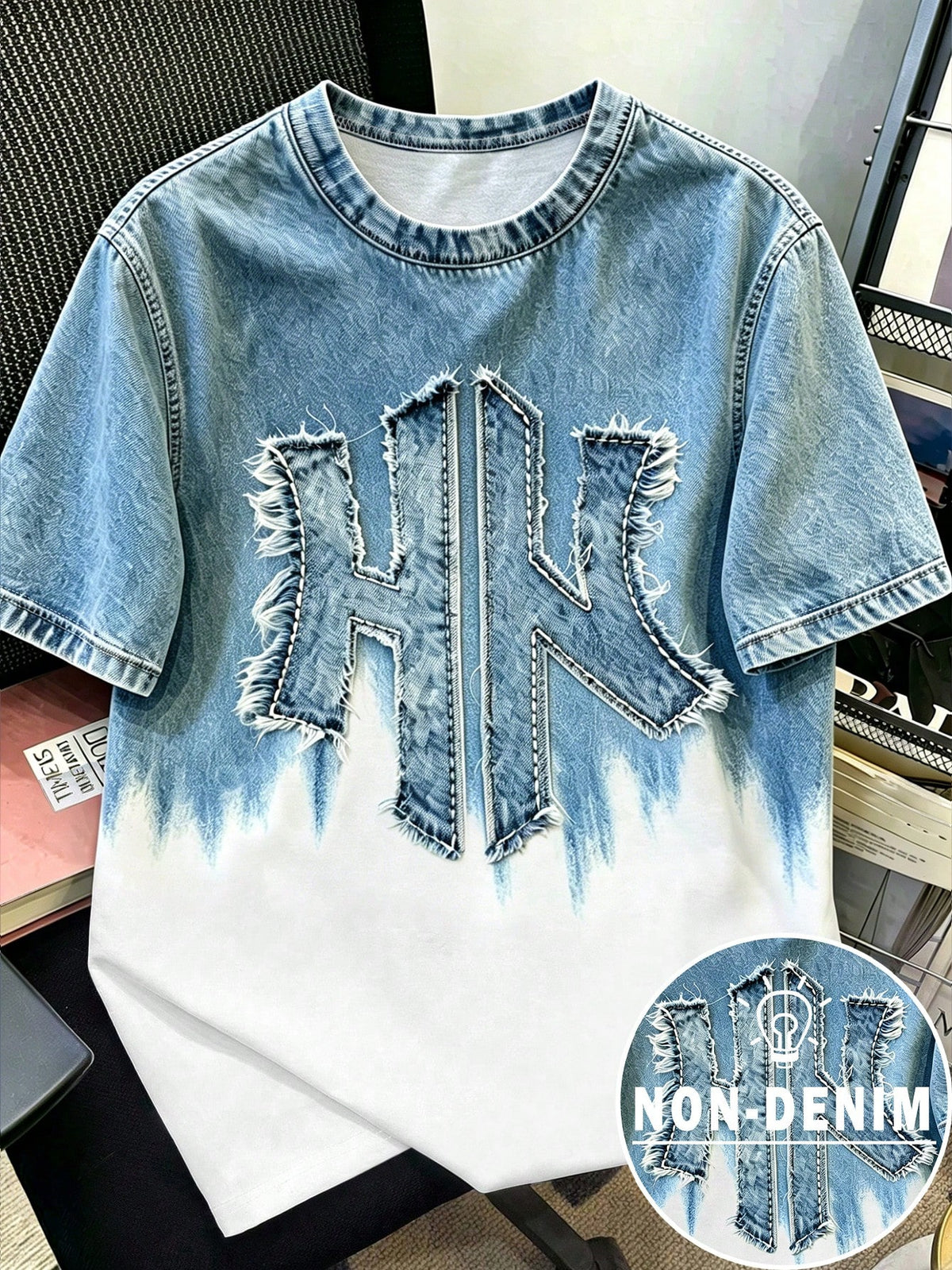 Men's Gradient Printed T-Shirt with Frayed Patches