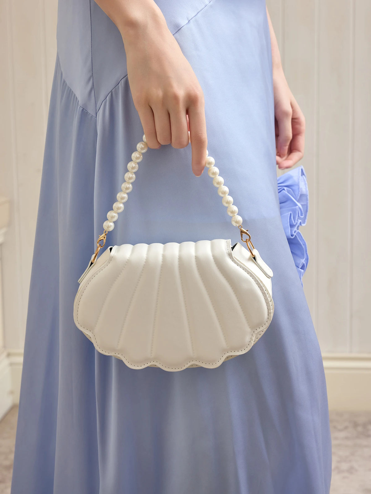 Women's Seashell Shaped Faux Pearl Embellished Handbag Crossbody Bag