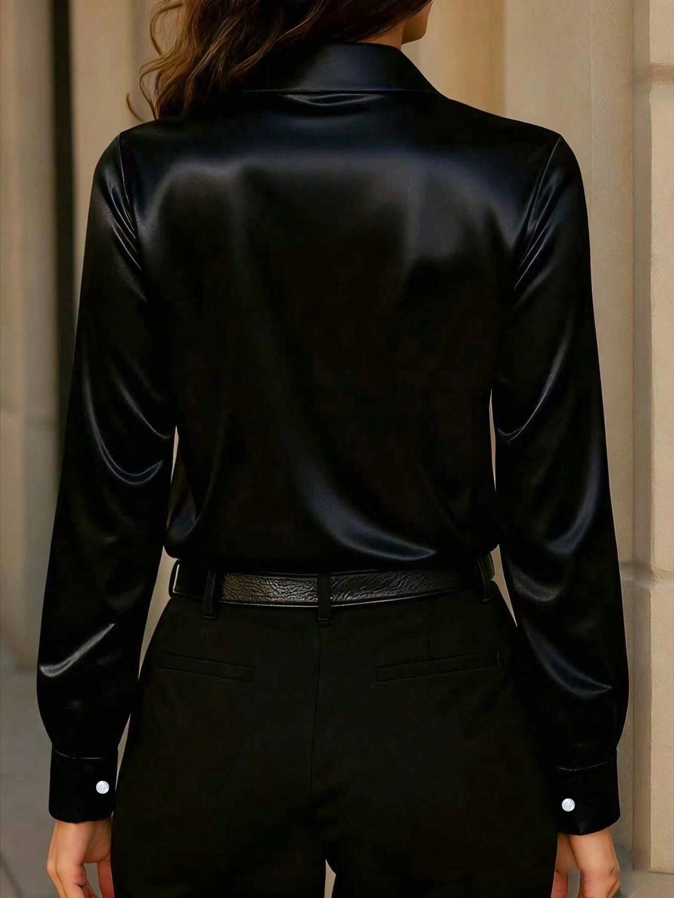 Women's Elegant Satin Button Down Long Sleeve Shirt Black
