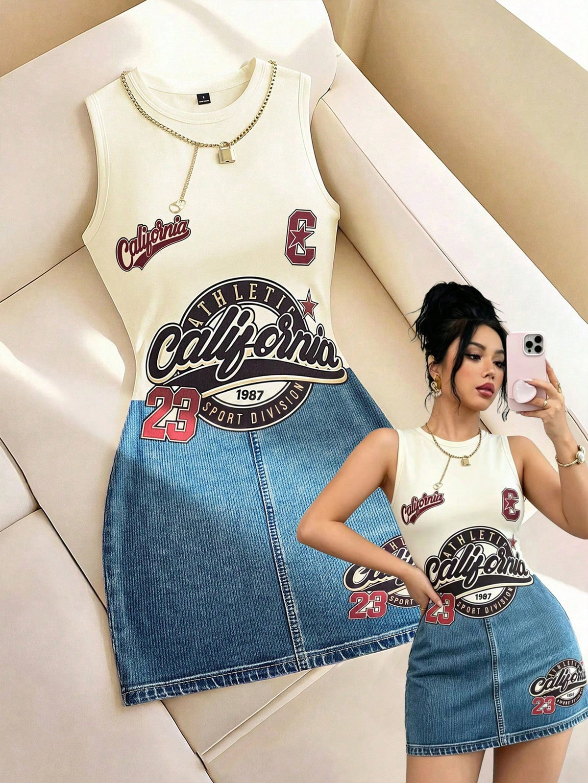Women's Casual Letter Print Denim Effect Mini Dress