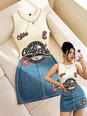 Women's Casual Letter Print Denim Effect Mini Dress