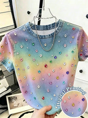 Women's Rhinestone Round Neck Short Sleeve T-Shirt Blue-Yellow Korean Style