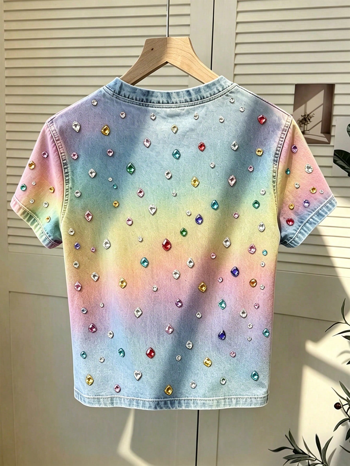 Women's Rhinestone Round Neck Short Sleeve T-Shirt Blue-Yellow Korean Style