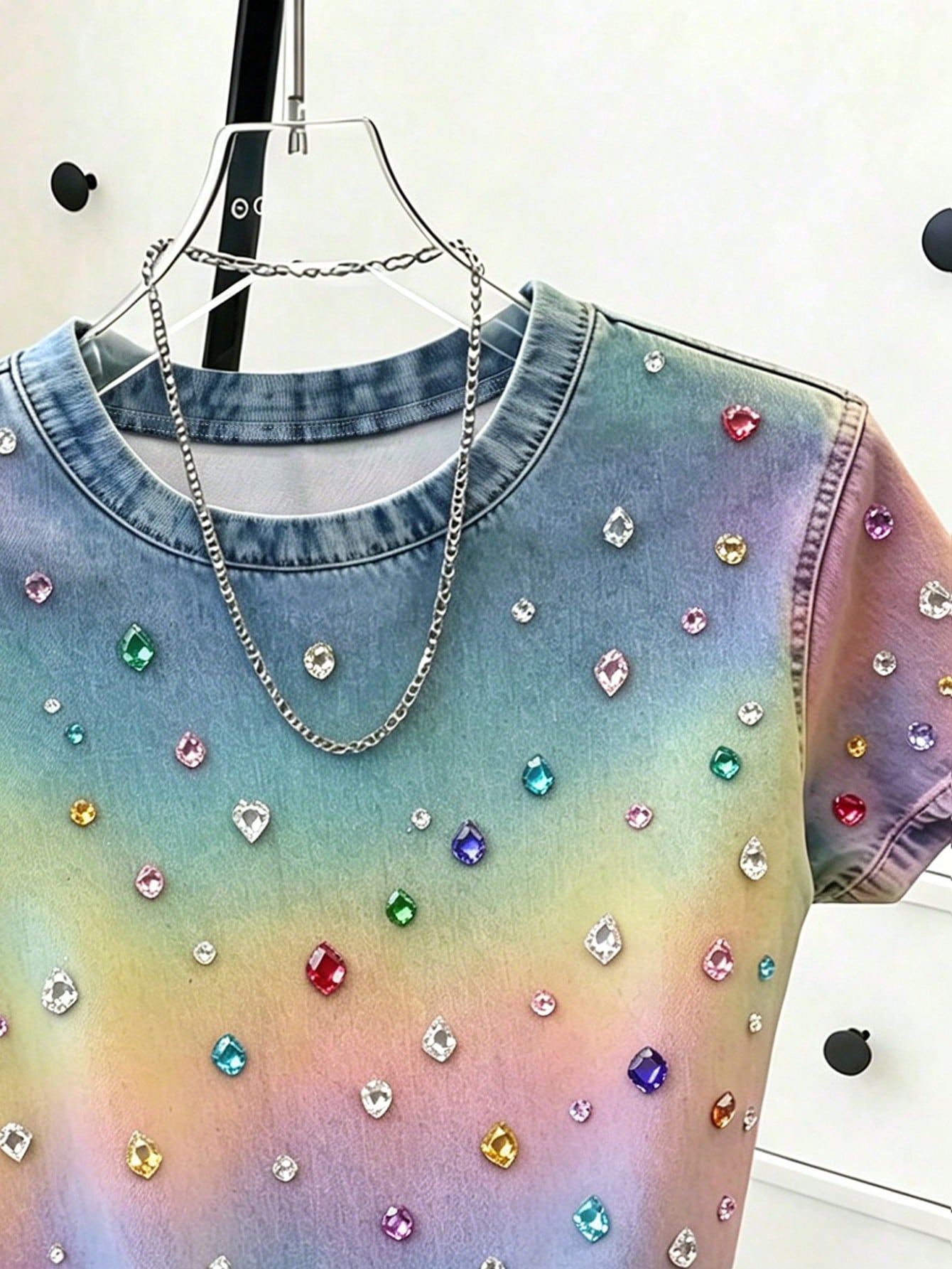 Women's Rhinestone Round Neck Short Sleeve T-Shirt Blue-Yellow Korean Style